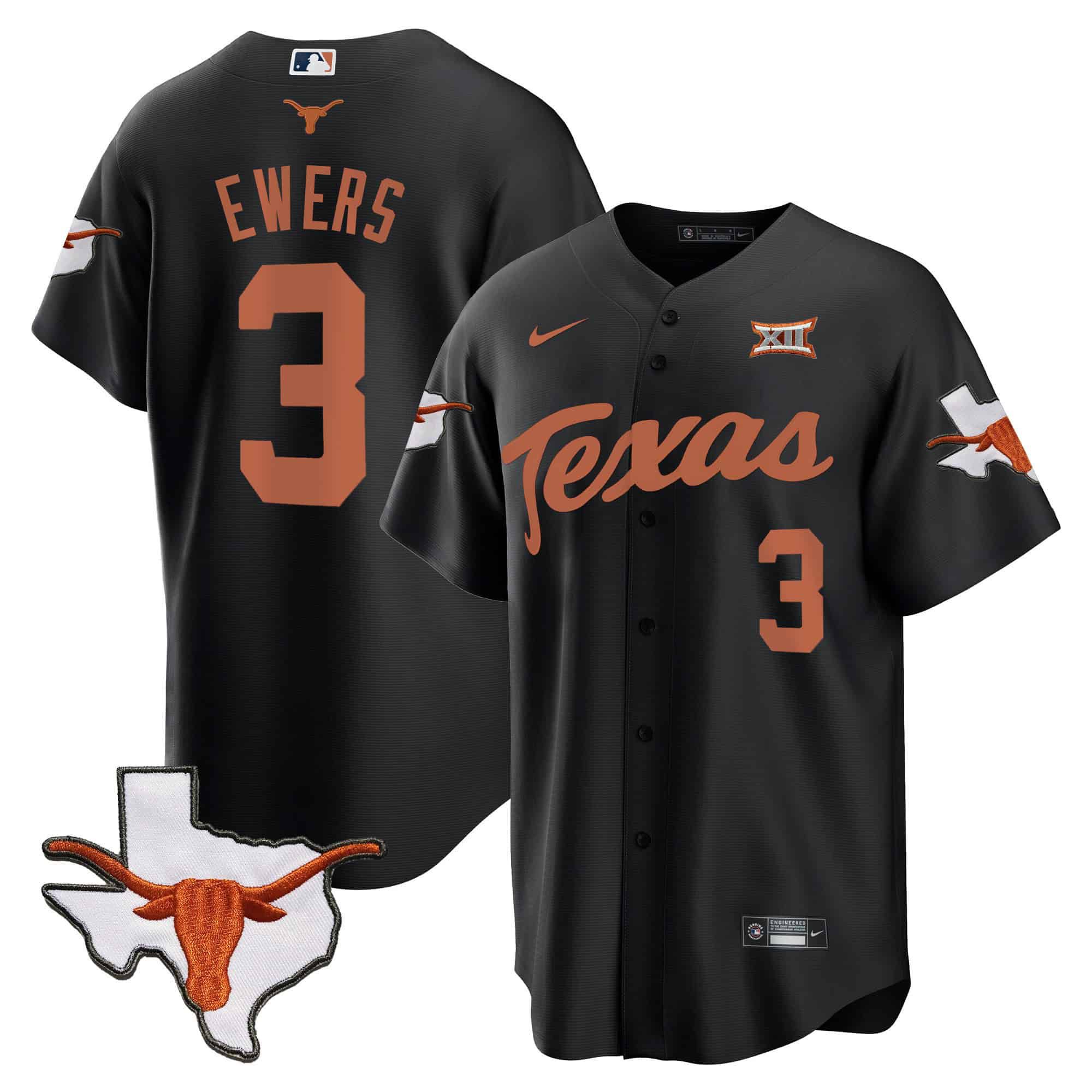 Men Texas Longhorns #3 Ewers Black 2024 Baseball NCAA Jersey